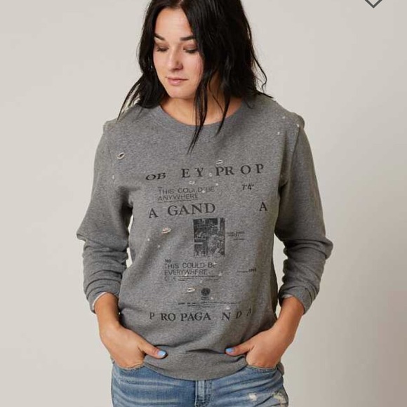 Obey Distressed Graphic Gray Pullover Sweatshirt - Picture 7 of 7